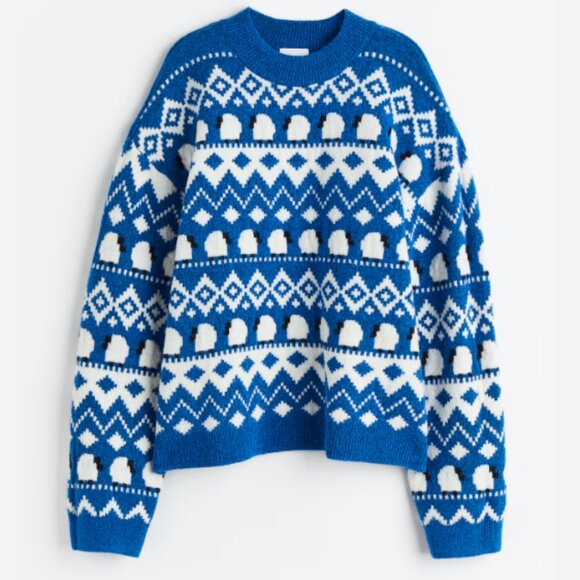 H&M Jacquard Sheep Crewneck Jumper Sweater Blue White Size S - Picture 2 of 9